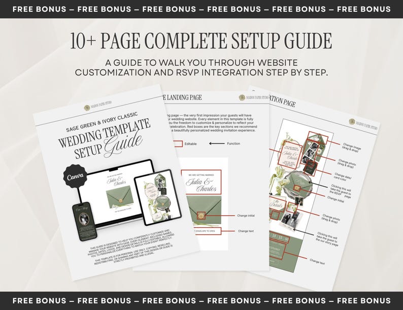 May include: A 10+ page complete setup guide for a sage green and ivory wedding template. The document includes instructions for website customization and RSVP integration, featuring diagrams of landing and invitation pages with Canva branding.