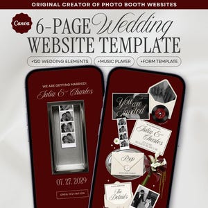 Burgundy Photo Booth Wedding Website Template, Canva Digital Invitation with Envelope, RSVP and Countdown Timer