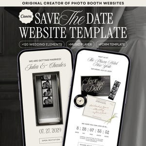 Ivory Photo Booth Save the Date Wedding Website Template, Canva Digital Invitation with Music