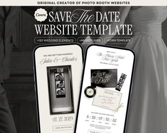 Ivory Photo Booth Save the Date Wedding Website Template, Canva Digital Invitation with Music and Countdown Timer