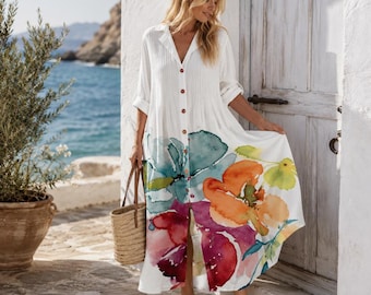 Robe chemise longue bohème colorée et boutonnée pour femme