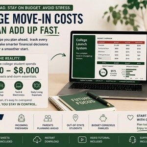 May include: A laptop showing a budget planner with a green and white design. The text states "College Move-In Costs Can Add Up Fast." A green mug with the words "Plan now, thank yourself later" is next to the laptop. A notebook and pen are also visible.