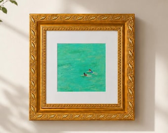 Original Oil Pastel Painting, Girls Swimming Wall Art, Framed Artwork