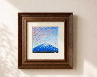 Original Oil Pastel Painting, Mount Fuji Cherry Blossom Wall Art, Framed Landscape Home Decor