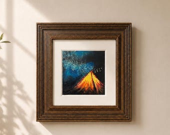 Original Oil Pastel Painting, Campfire Night Landscape Wall Art, Framed Artwork