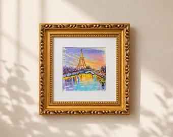 Original Oil Pastel Painting, Paris Eiffel Tower Wall Art, Framed Cityscape Decor