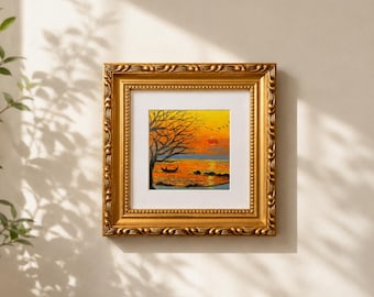 Original Oil Pastel Painting, Sunset Lake Wall Art, Landscape Wall Art, Framed Wall Art, Original Art