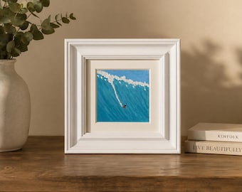 Original Oil Pastel Painting, Surfer on Wave Seascape Wall Art, Framed Artwork
