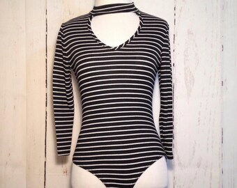 Vintage 90s Black and White Stripe Bodysuit S/M Chest Cut Out Chocker Neckline
