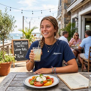 Puede incluir: Una mujer con una camiseta azul marino con "Malone's" impresa, sentada en una mesa de madera. En la mesa hay un plato de tomates y mozzarella, un vaso de limonada y un menú. Un letrero de pizarra enumera "Summer Specials" incluyendo "Lobster Rolls & Rosé".
