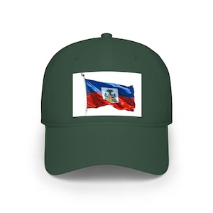 May include: A dark green baseball cap with a rectangular patch displaying the Haitian flag. The flag has a blue and red horizontal design with the Haitian coat of arms in the centre.