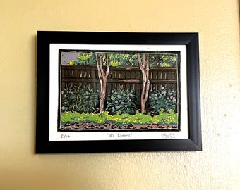 Linocut print of a loved one's garden border | 'B's Blooms' | Crepe myrtle, Mexican petunias, Lantana | 5x7"
