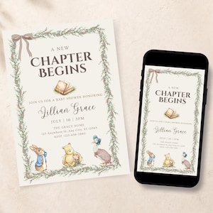 Storybook Baby Shower Invitation Template | A New Chapter Begins Editable Canva Invite | Whimsical Book Theme | 5x7 Printable & Mobile, SB01