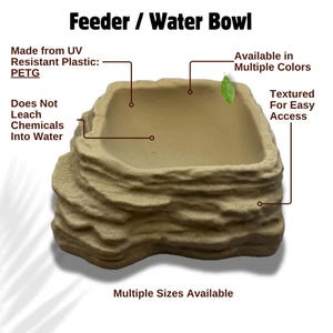 May include: A tan-coloured pet feeder or water bowl with a textured, rock-like design. The bowl is made from UV-resistant plastic and is available in multiple colours. The image text reads "Feeder / Water Bowl" and "Multiple Sizes Available."