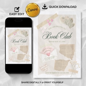 May include: A digital book club invitation template featuring a collage aesthetic with torn paper scraps, a white envelope with a pink heart, small pink heart accents, and dried flowers. The text reads You are invited to Book Club Friday May 10 5PM.