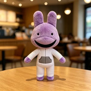 May include: A plush toy shaped like a rabbit with light purple fur, long ears, and a wide black mouth. The figure wears a white long-sleeved garment featuring a gray front pocket and a vertical line down the center of the torso.