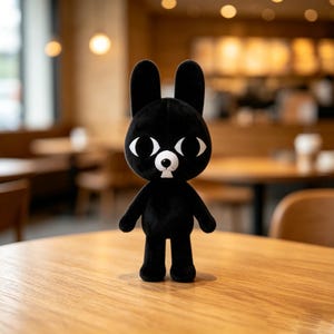 Peut inclure: Une peluche noire dotée de longues oreilles dressées, de grands yeux blancs en forme d'amande, d'un petit museau blanc avec un nez noir et d'une unique dent blanche. Le personnage a une tête arrondie, des bras fins et des jambes courtes.