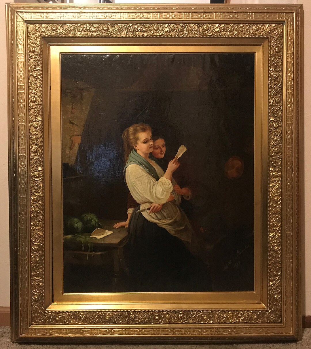 August Muller 18361885 German Oil on Canvas 1871 Young Girl Reading a