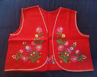 Vintage Red Hungarian Hand Embroidered Matyo Floral Felt Vest Authentic Hungarian Folk Vest