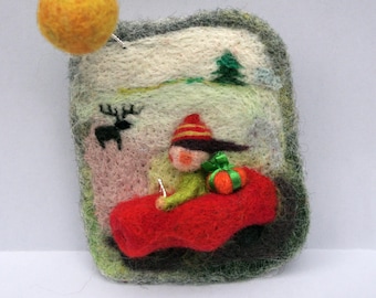 Felted  brooch  "Christmas vacation on country side",  handmade felted jewelry, felt picture