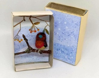 felted mini bird in match box