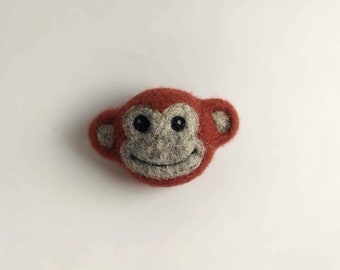 felted monkey face, felted fridge magnet, felted brooch