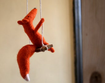 felted fox on a swing- gift for friend- happy fox-Easter