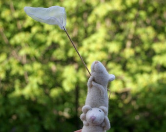 Friendship felted rat. needle felted mouse. butterfly-net. Easter. Gift for fried