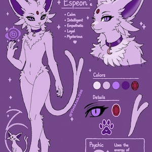 May include: A character reference sheet for Espeon, a light purple feline creature with large ears, purple eyes, and a red gem on its forehead. It wears a purple collar with a crescent moon charm. Includes colour swatches, eye detail, and text.