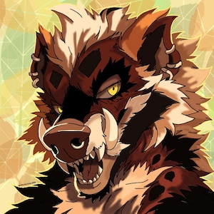 May include: A digital illustration of an anthropomorphic creature with brown, black, and cream fur, sharp tusks, and piercing yellow eyes. The character features dark markings on its face and ears, with a snarling expression showing teeth.