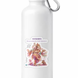 May include: A white metal water bottle with a black screw-top lid and a silver carabiner clip. The bottle features a colorful illustration of Ganesha with a small mouse, accompanied by the text "GANESHA" and "Remove obstacles, invite abundance."