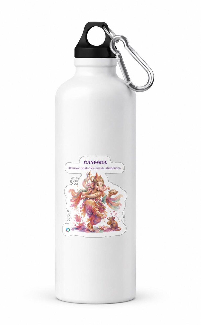 May include: A white metal water bottle with a black screw-top lid and a silver carabiner clip. The bottle features a colorful illustration of Ganesha with a small mouse, accompanied by the text "GANESHA" and "Remove obstacles, invite abundance."