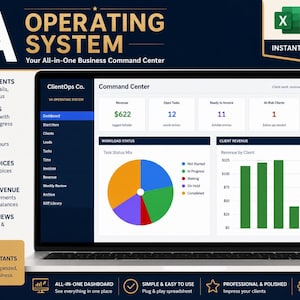 Excel-mall för operativsystem för virtuell assistent | Dashboard för klienthantering, tidsspårning och fakturabyggare