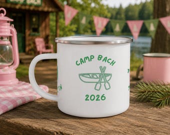Kubek emaliowany Camp Bach Custom | Motyw kempingowy na wieczór panieński | Spersonalizowany prezent