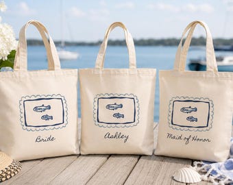 Personalized Coastal Bachelorette Tote Bag | Custom Fishing Theme Canvas Tote | Beach Welcome Bag | Bridesmaid Gift | Lake Weekend Tote
