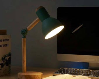 Adjustable Wooden Desk Lamp, Modern Study Table Light, Reading Lamp for Office Bedroom, Green Pink Yellow White Lamp