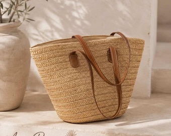 Boho Straw Tote Bag for Women, Woven Beach Bag, Summer Shoulder Basket Bag, Large Raffia Tote, Coastal Vacation Purse
