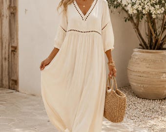 Boho Beach Maxi Dress, Cotton Linen Summer Dress, V Neck Vacation Dress, Resort Wear Cover Up, Flowy Beach Dress