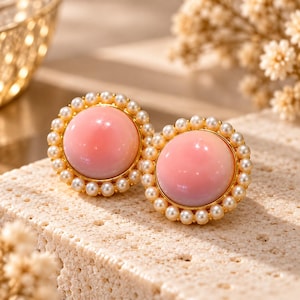 Pink Conch Shell Stud Earrings, Pearl Halo Gold Plated Silver Earrings