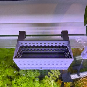 May include: A gray, rectangular aquarium feeding basket with numerous small holes. The basket is suspended in an aquarium filled with green aquatic plants. The basket has two dark gray supports that hook over the edge of the aquarium.