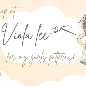 May include: A digital illustration of a girl wearing a colorful dress with a floral pattern. The text "Shop at Viola Lee for my girls patterns!" is written in a handwritten font.