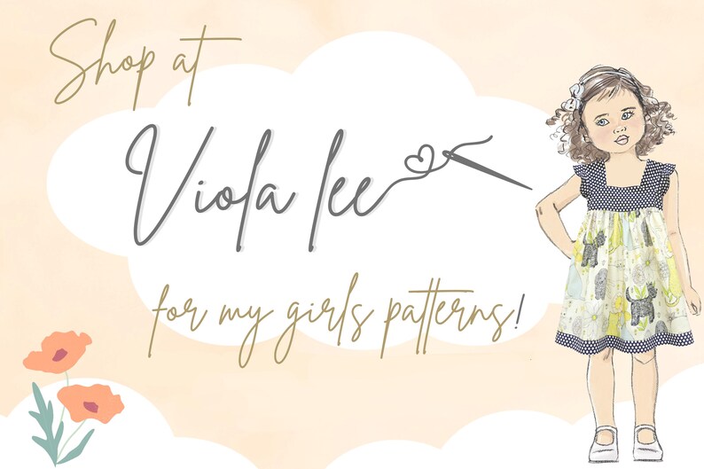 May include: A digital illustration of a girl wearing a colorful dress with a floral pattern. The text "Shop at Viola Lee for my girls patterns!" is written in a handwritten font.