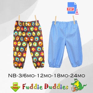 May include: PDF pattern for baby trousers in two styles: one with a brown background and colourful animal faces, and the other with a blue chevron pattern. The sizes are NB-3/6MO-12MO-18MO-24MO. The text "Fuddie Duddies" is also included in the image.