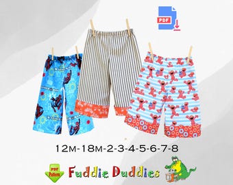 Boys Pants PDF Sewing Pattern. Ankle Biter Beach Shorts, Pajamas, Shorts, Lounge pants, Toddler and Boys Sizes. Fuddie Duds