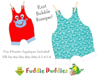 Unisex Bubble Romper Sewing Pattern with Monster Applique Patterns. Digital Downloaded PDF Sewing Pattern. Jersey Knit Romper. Jamie