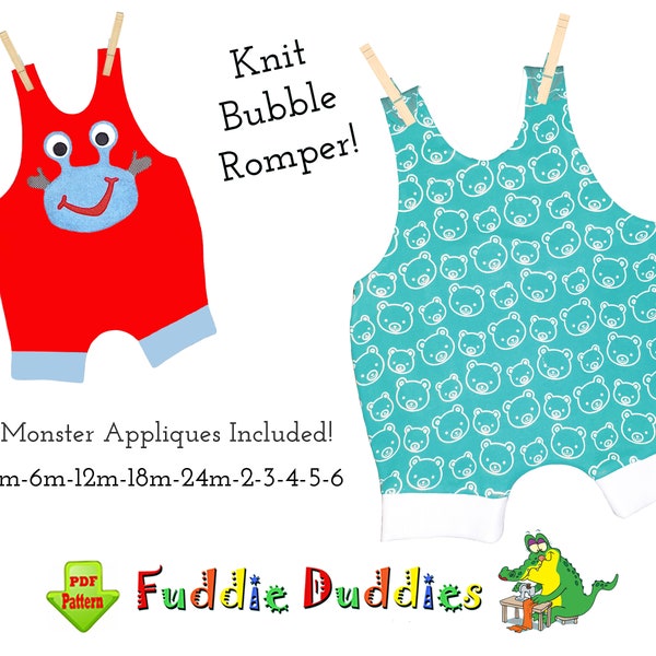 Unisex Bubble Romper Sewing Pattern with Monster Applique Patterns. Digital Downloaded PDF Sewing Pattern. Jersey Knit Romper. Jamie