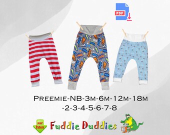 Naaipatroon harembroek: gebreide babylegging, preemie tot maat 8 (pdf-patroon)