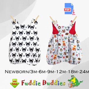 May include: Two baby onesies, one with a black and white French bulldog print and the other with a colorful woodland animal print. The onesies are hanging on clotheslines. The text "NEWBORN/3M-6M-9M-12M-18M-24M" is below the onesies. The text "Fuddie Duddies" is below the text "NEWBORN/3M-6M-9M-12M-18M-24M".