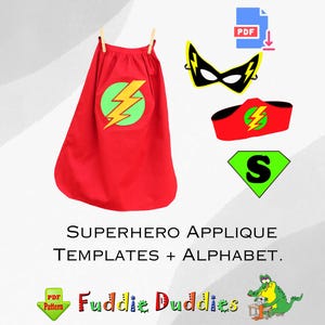 May include: Red superhero cape with a yellow lightning bolt design.  A matching mask, headband, and letter S emblem are also included.  Superhero Applique Templates + Alphabet.  Fuddie Duddies.