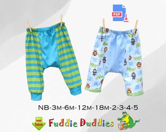 男の子と女の子向けの、素早く簡単に作れるハーレムパンツの型紙。ベビー用ソーイングパターン。キッズパンツのPDFをすぐにダウンロード。ユニセックスソーイングパターン。